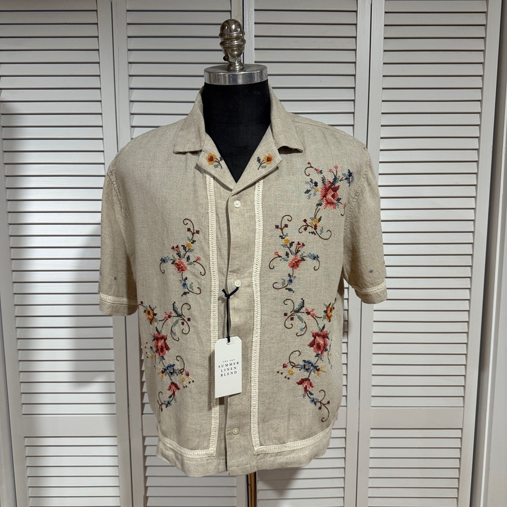 Abercrombie & Fitch Linen Embroidered Camp Shirt Floral Beige S NWT